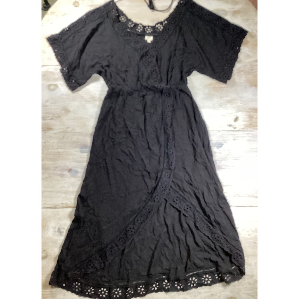 Surf Gypsy Black Eyelet Lace Midi Dress Boho Faux Wrap Tassel TX8036 Womens M